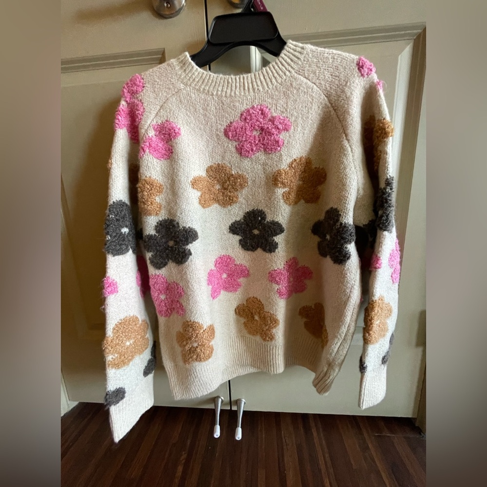 BiBi Floral Knit Sweater - Pink, Brown, Black on Cream